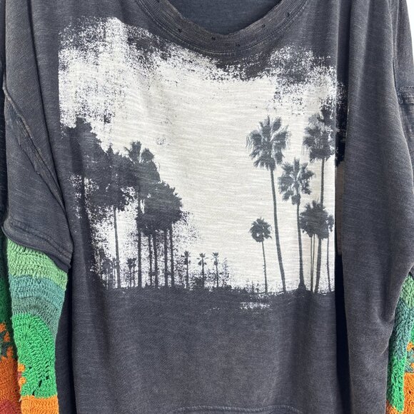 WE THE FREE Free People So Edgy Tee in Washed Black Crochet Sleeve Size XS - Picture 6 of 12